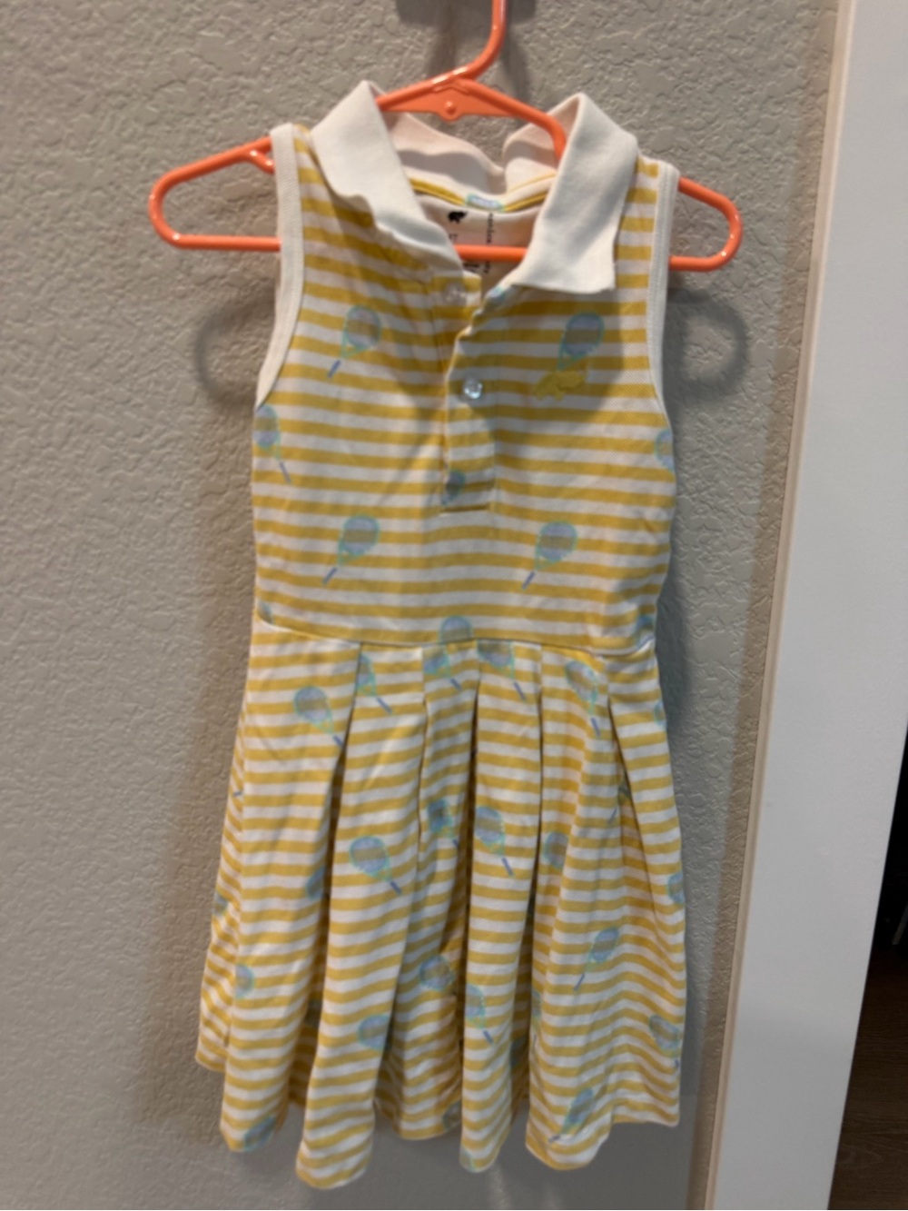 Girls Yellow Striped Polo Dress with Blue tennis Motif